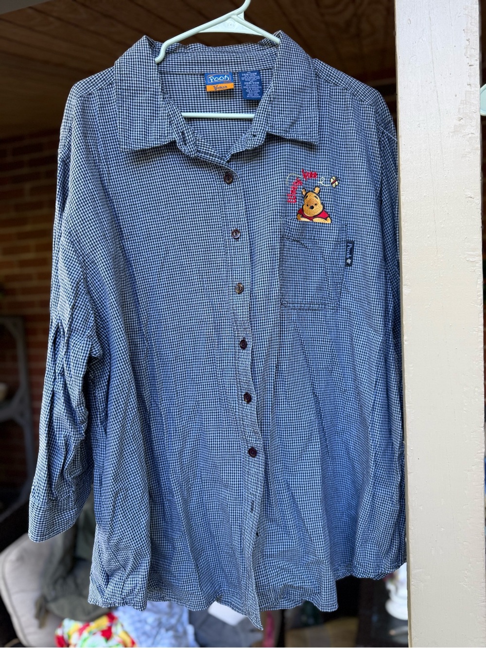 Poof! Women’s Blue Check Button-Up Shirt Winnie the Pooh Embroidery worry free